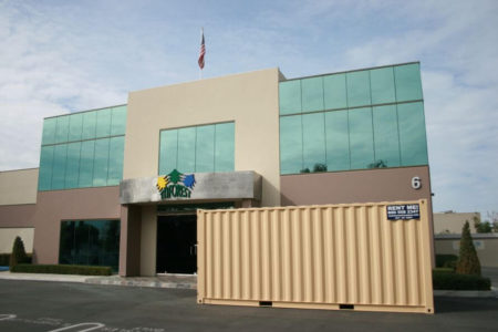 Portable storage container outside of a business complex in Orange county provided by Sun Pac Storage Containers