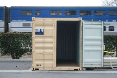 interior view of storage container with train in background