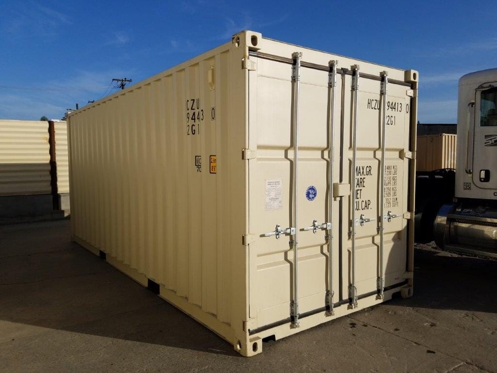 Profile view of a 20 ft shipping container placed on a concrete site